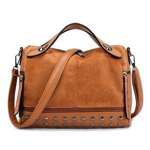 Women’s Plain Leather Studded Handbag Tan